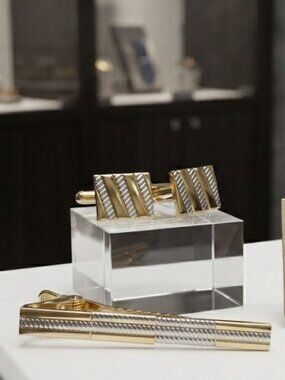 Gold-Tone & Silver-Tone Striped 3-Piece Cufflink and Tie Clip Set